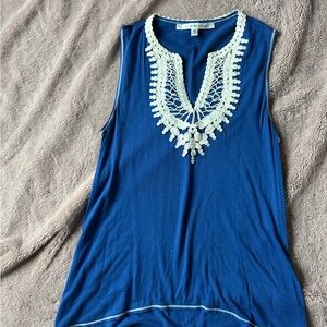 Max Studio Blue Top with White Embroidery